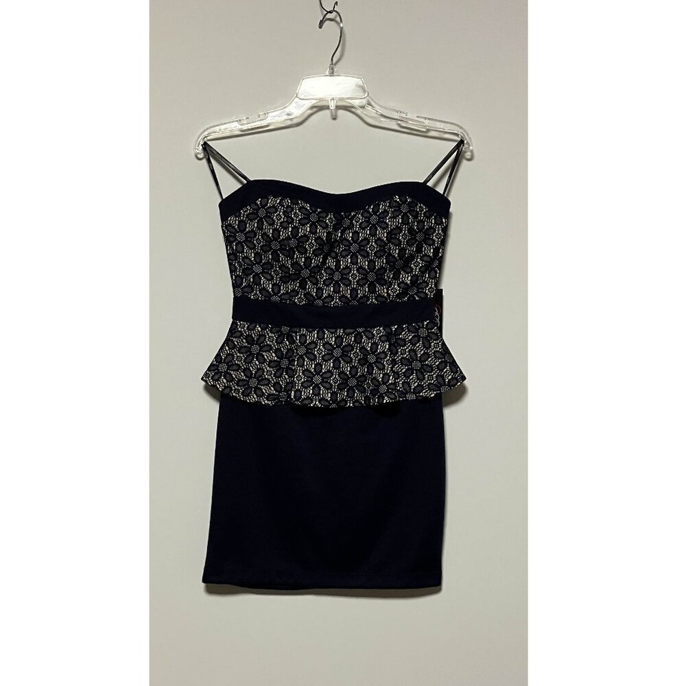 Profile Strapless Cocktail Dress, Size Small, Floral, Navy Blue, Built-In Bra